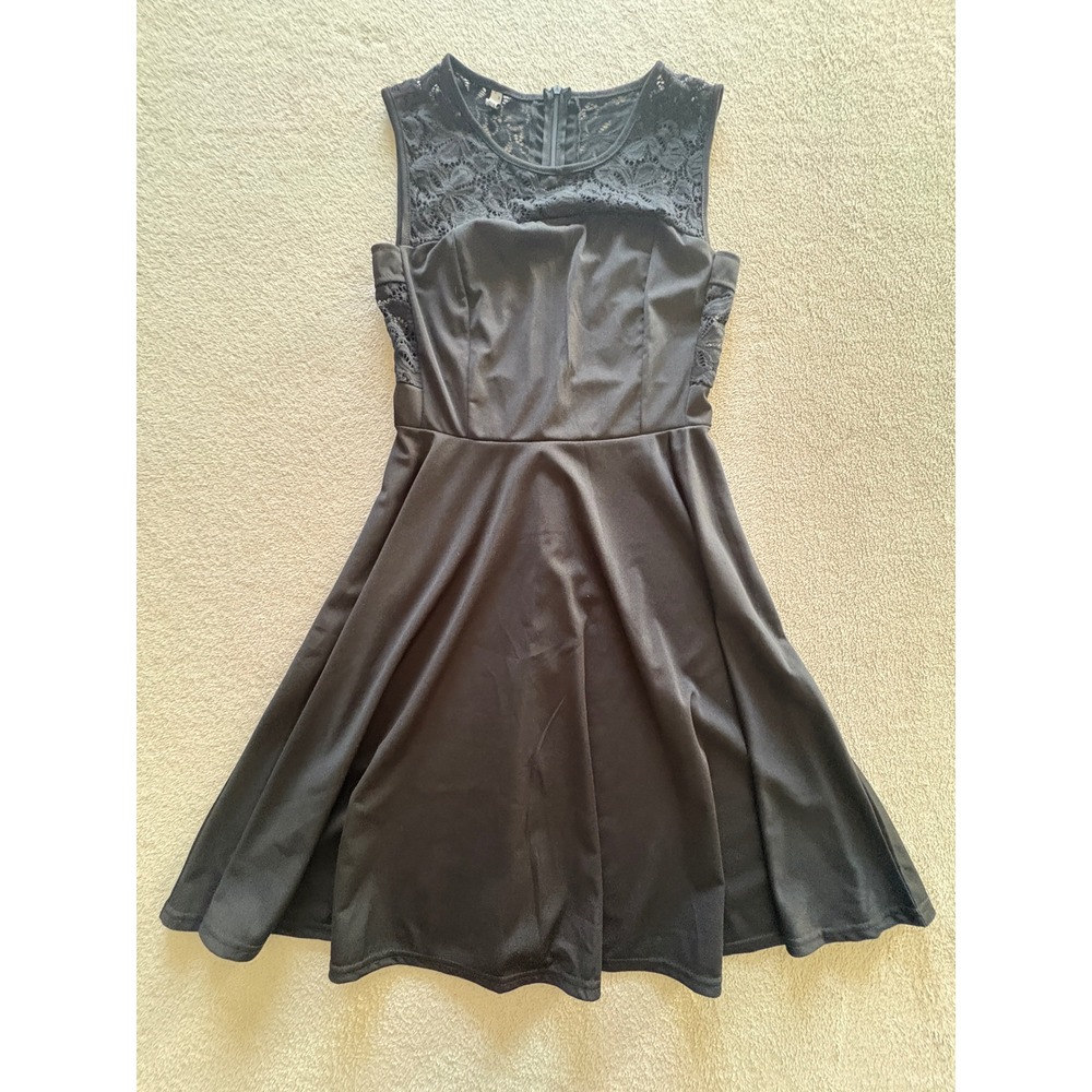 Meaneor Black Lace Yoke Sleeveless Fit and Flare Skater Dress Womens Size M